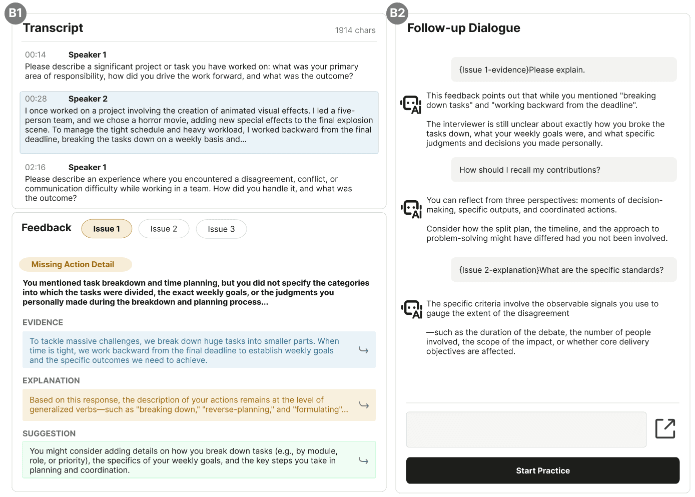 Issue, Evidence, Explanation, and Suggestion shown beside the original response, with follow-up dialogue anchored to a feedback item